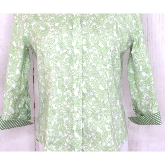 Talbots Size 8P Button Down Shirt Wrinkle Resistant Long Sleeve Green Paisley - Picture 4 of 9